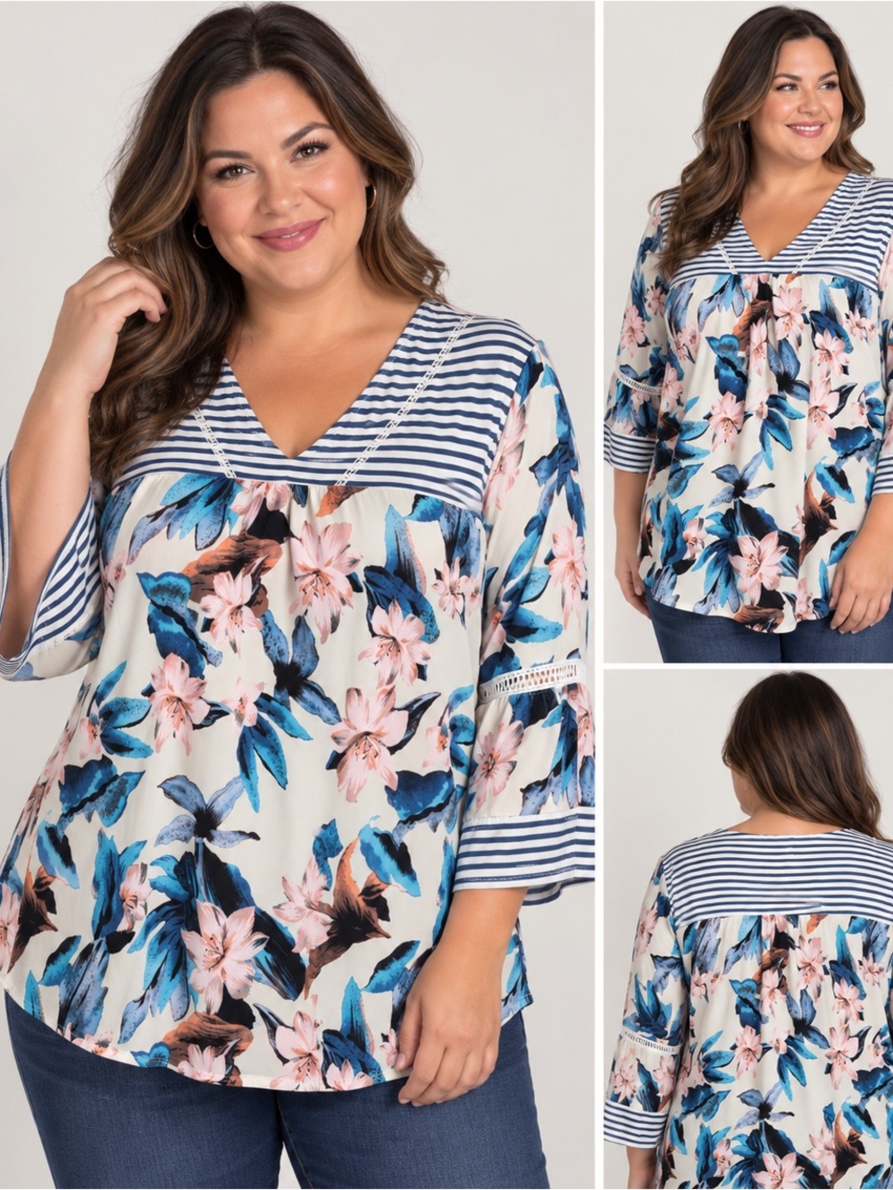 Collection Woman 2X Floral Print Blouse Blue Pink Striped V-Neck 3/4 Sleeve Top